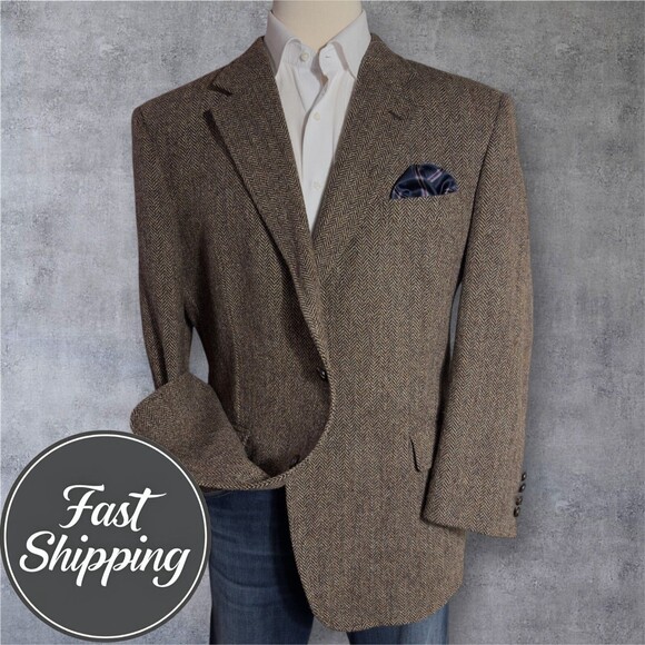 JOS A BANK Harris Tweed Mens 48R Brown Wool Blazer Sport Coat Two Button Jacket - Picture 1 of 16